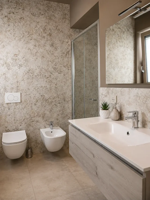 Bagno con mobile sospeso, specchio ampio e sanitari sospesi