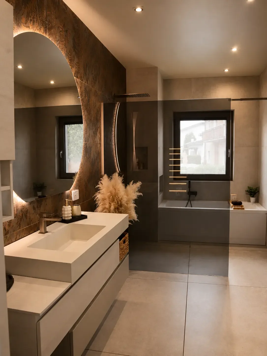Vista del bagno con mobile sospeso, specchio circolare, doccia e vasca